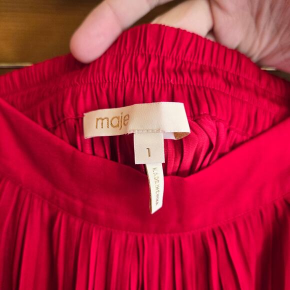 Maje Sateen Skirt Jonette Red Pleated Midi Small Ruffle Tulip Hem Feminine Flowy - Picture 3 of 6